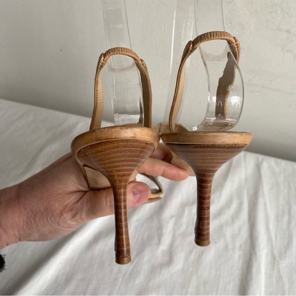 Oscar De La Renta Beaded Linen Sling Back Sandals Kitten Heels - Picture 5 of 14